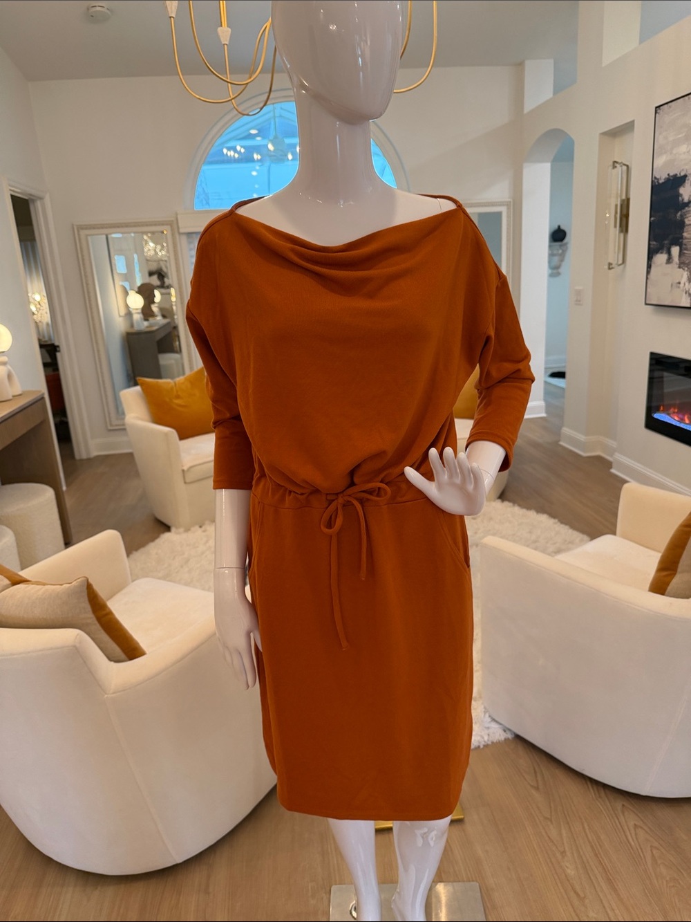 G by Giuliana Rust Orange Cowl-Neck Midi Dress